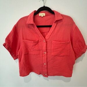 Love Notes Coral Orange Boxy Shirt Size L Button Down 100% Cotton Gauzy Look